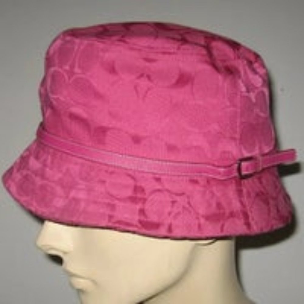 ❤️COACH PINK LOGO / LEATHER BUCKLE STRAP BUCKET CRUSHER HAT P/S - Picture 4 of 7